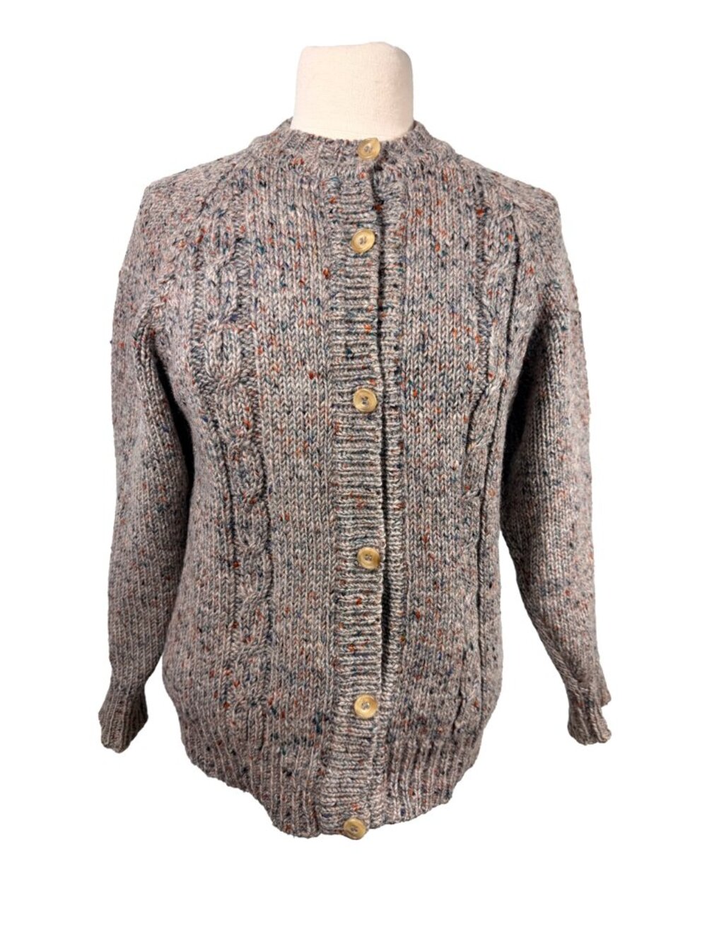 Vintage LL Bean Donegal Wool Cardigan Sweater Ireland Size 38 Cable Knit